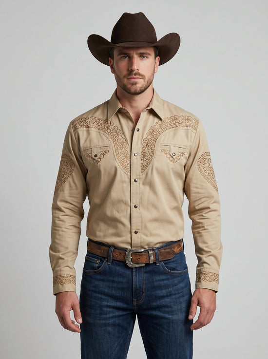 Camisa Vaquera Aranda Beige: Estilo Western con Bordados Únicos