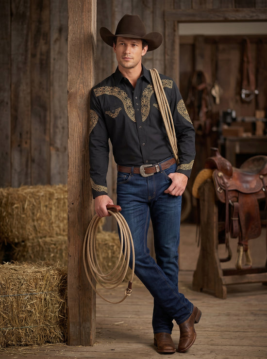 Camisa Vaquera Negra con Bordado Oro - Estilo y Confort para Cada Ocasión