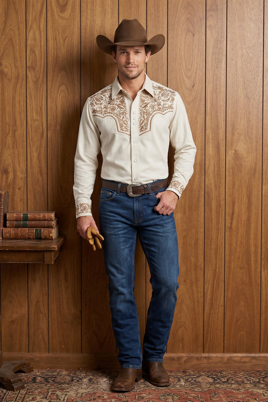 Camisa Vaquera Floral Hueso Cobre: Estilo y Elegancia Sin Esfuerzo
