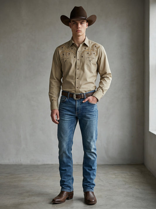 JL FOX WESTERN WEAR men's beige long-sleeve western shirt with embroidered ivy detail and pearl snaps.