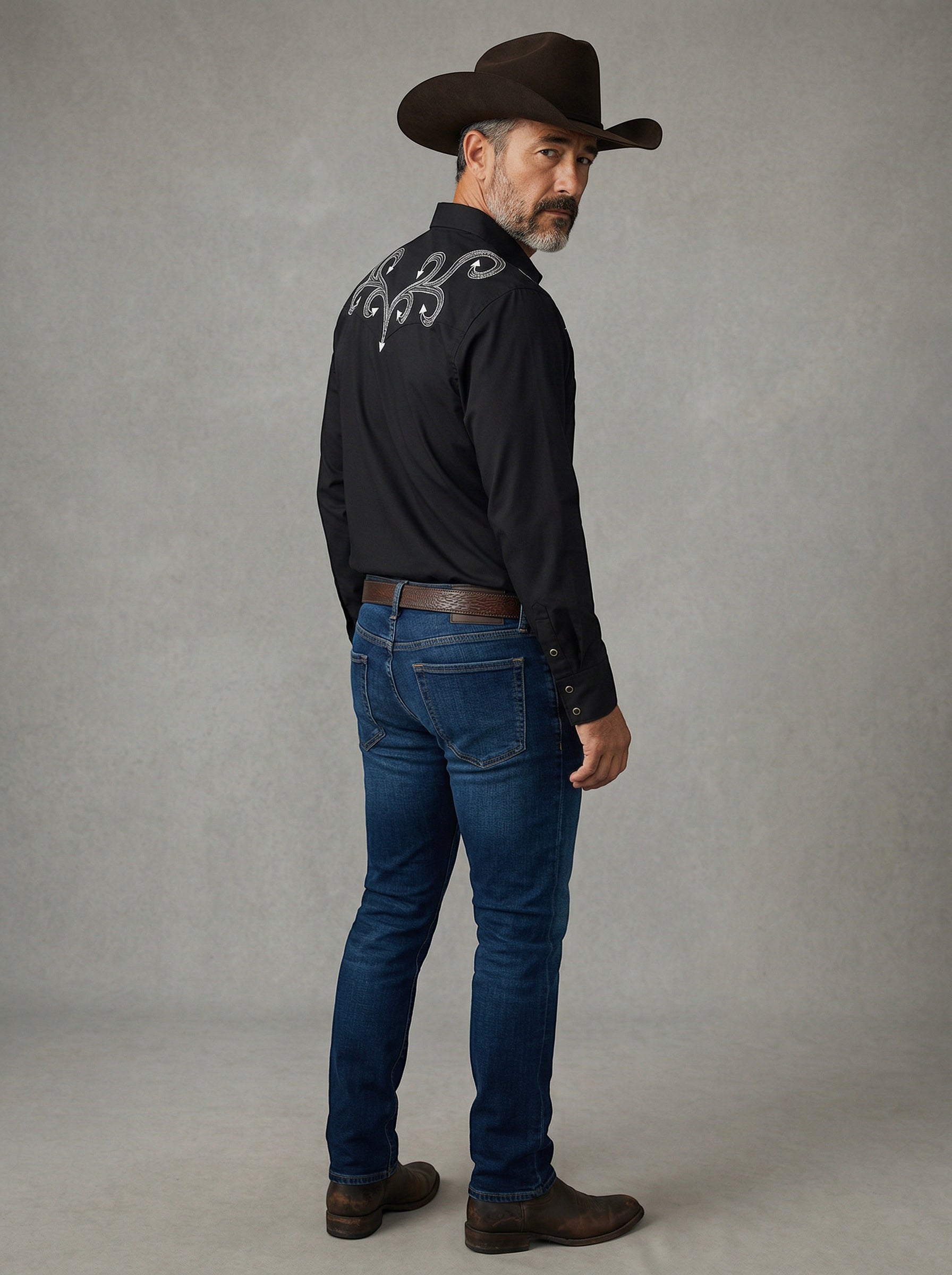 JL FOX WESTERN WEAR black Oxford shirt with silver ivy embroidery on back, long sleeves, and button cuffs.