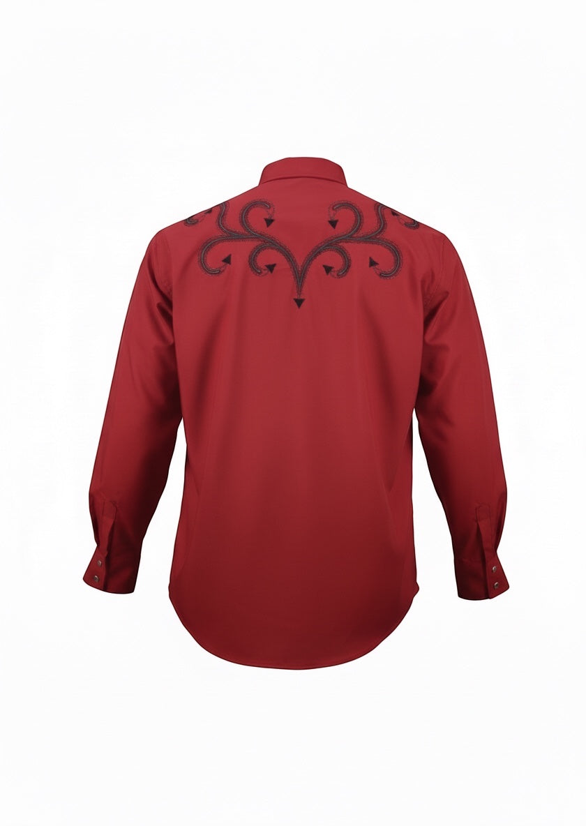 JL FOX WESTERN WEAR red oxford cotton shirt with black ivy embroidery on back, long sleeves, button cuffs.
