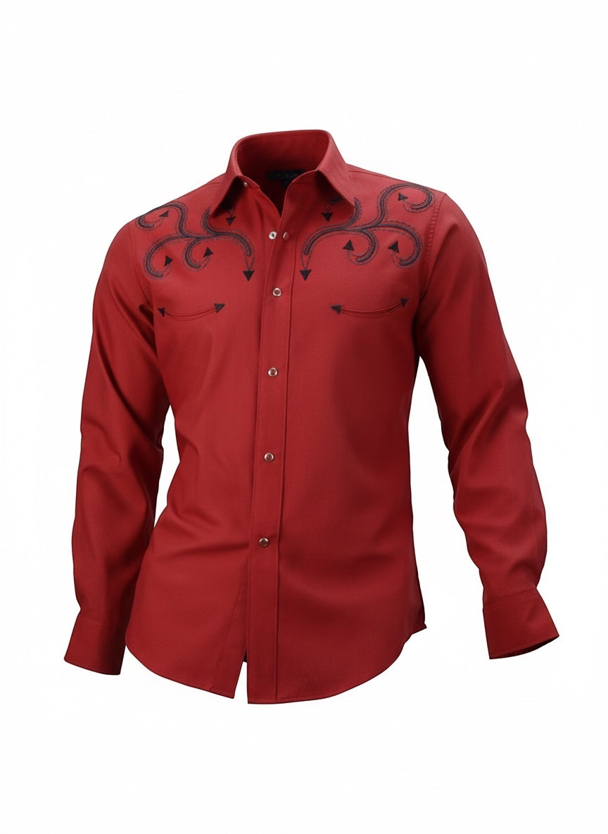 JL FOX WESTERN WEAR red oxford cotton shirt with black ivy embroidery and snap buttons.