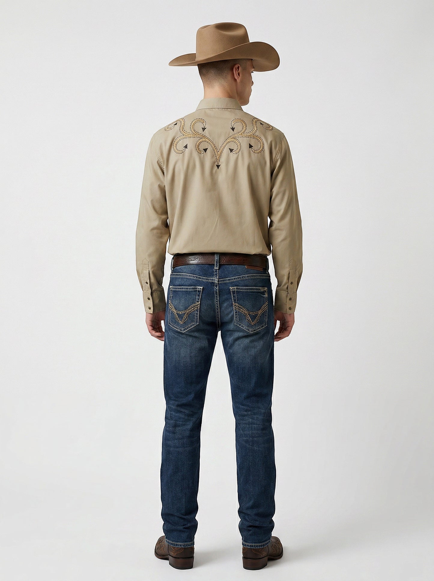 JL FOX WESTERN WEAR men's beige long-sleeve shirt with embroidered ivy design on back. Classic western style.
