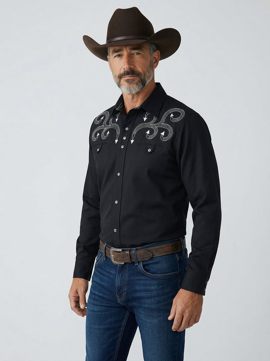 JL FOX WESTERN WEAR black long-sleeve oxford shirt with white ivy embroidery on chest and collar. Button-up front.
