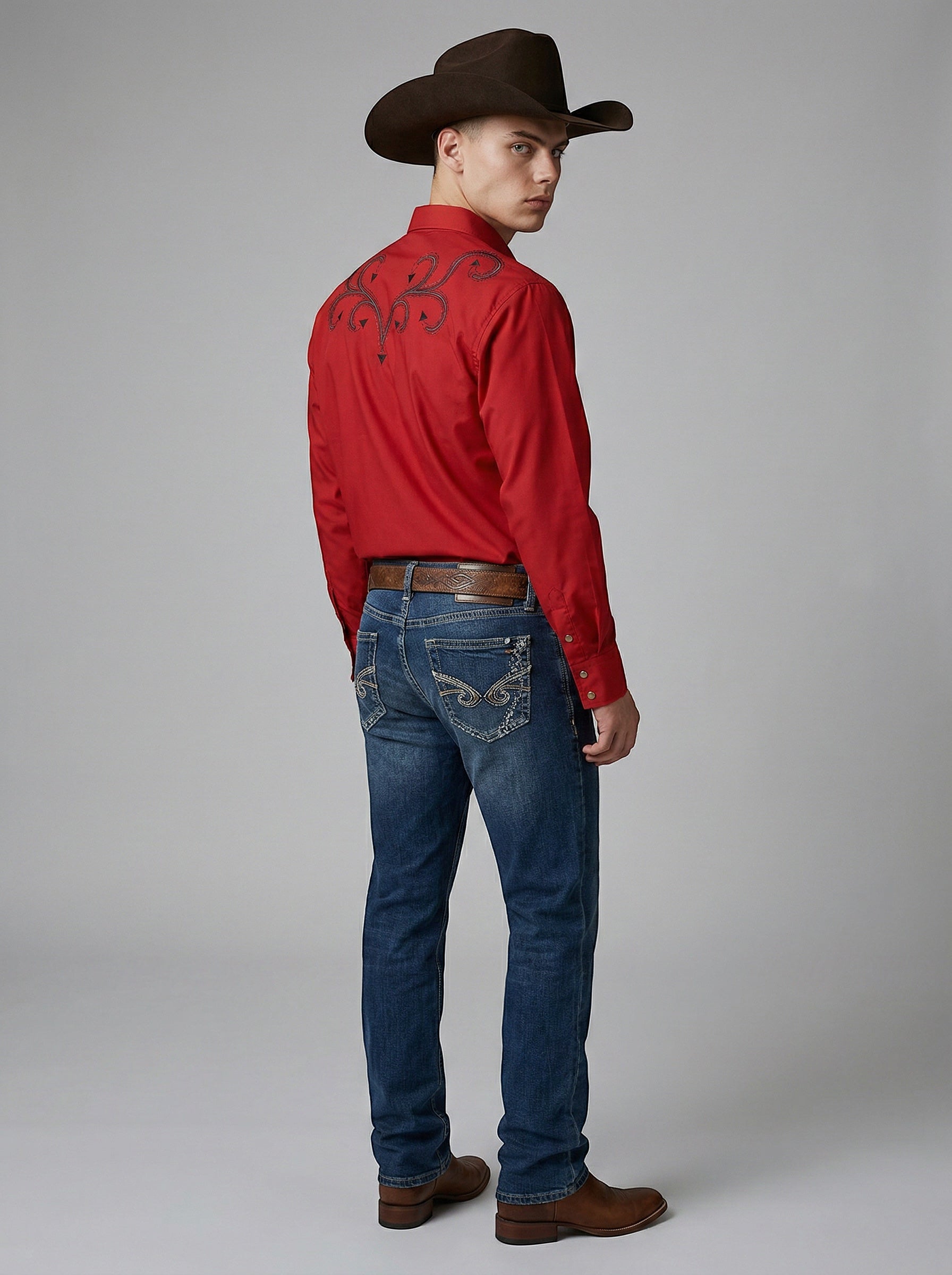 JL FOX WESTERN WEAR red long-sleeve oxford shirt with embroidered ivy design on back
