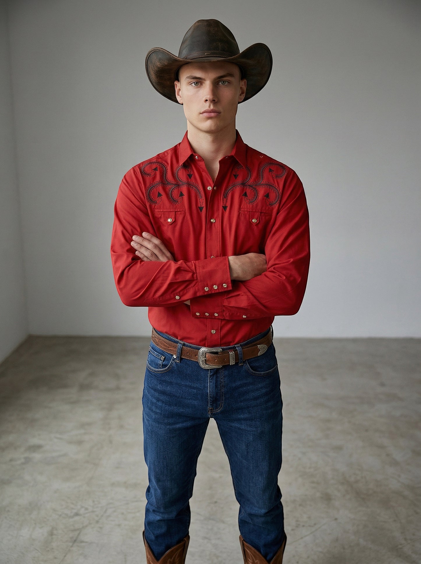 JL FOX WESTERN WEAR red oxford cotton shirt with black ivy embroidery, pearl snaps, and western yoke detail.