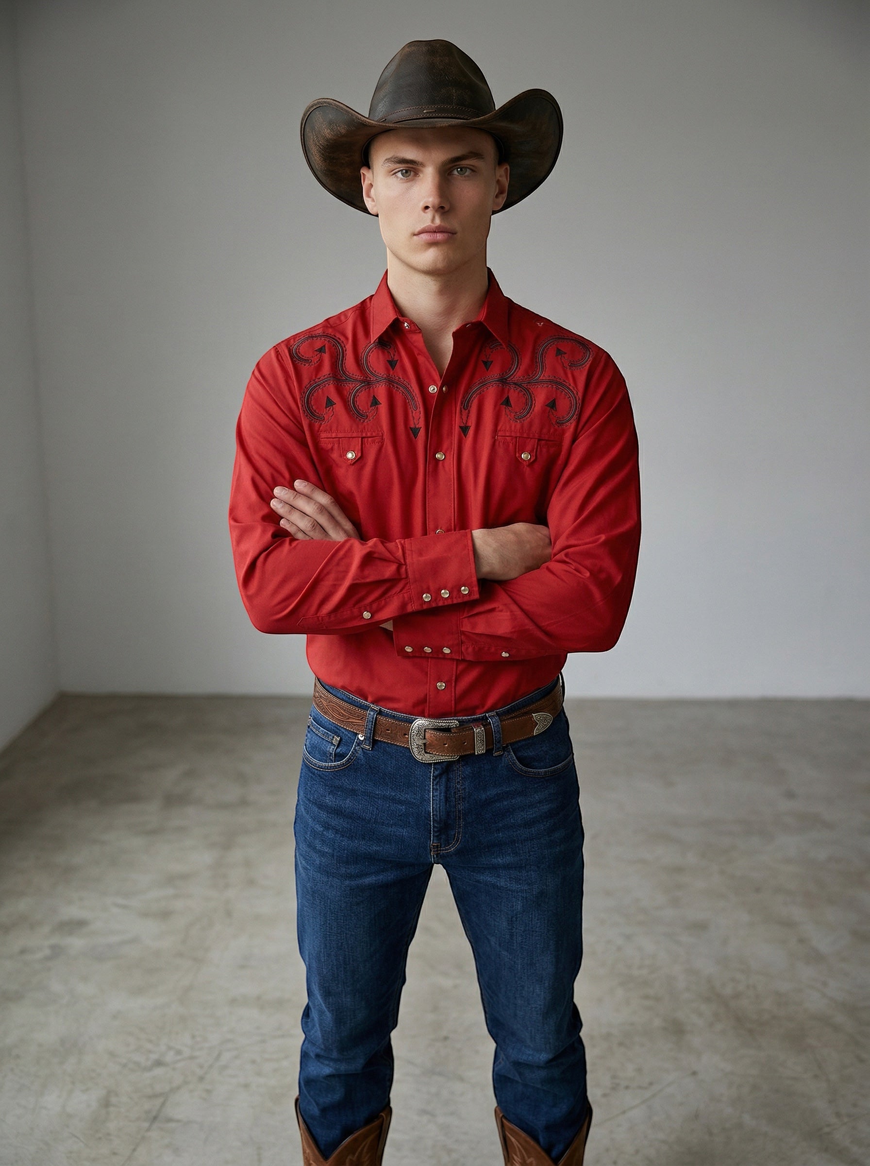 JL FOX WESTERN WEAR red oxford cotton shirt with black ivy embroidery, pearl snaps, and western yoke detail.