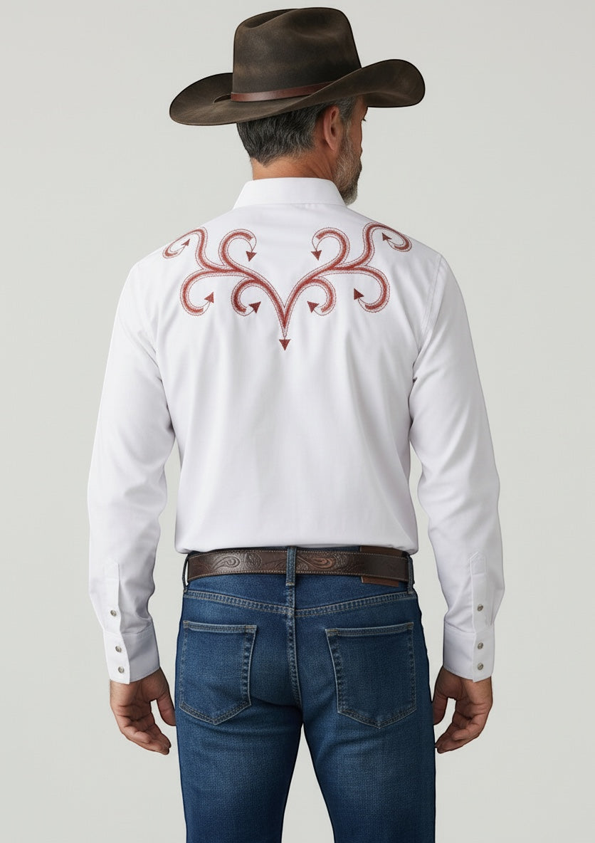 JL FOX WESTERN WEAR white long-sleeve shirt with red ivy embroidery on back, men's.