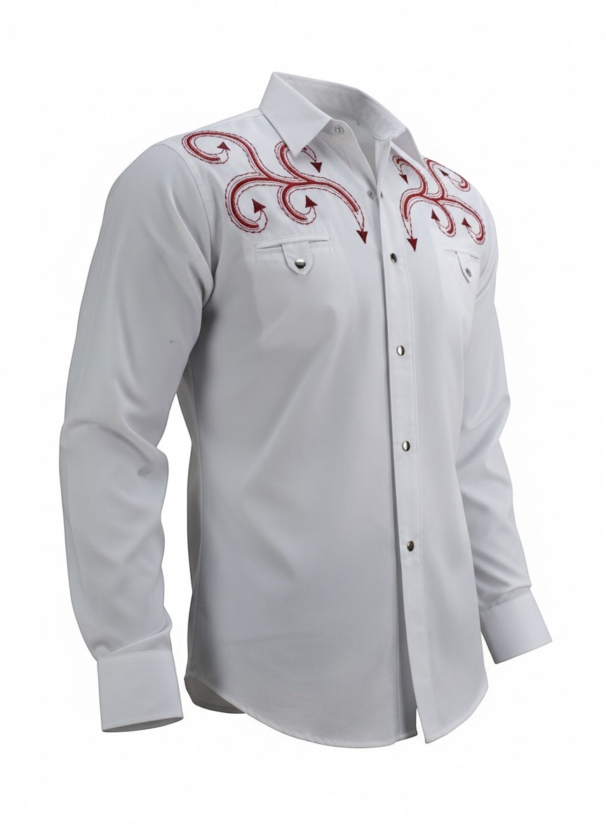 JL FOX WESTERN WEAR white long-sleeve western shirt with red ivy embroidery on shoulders and chest pockets.