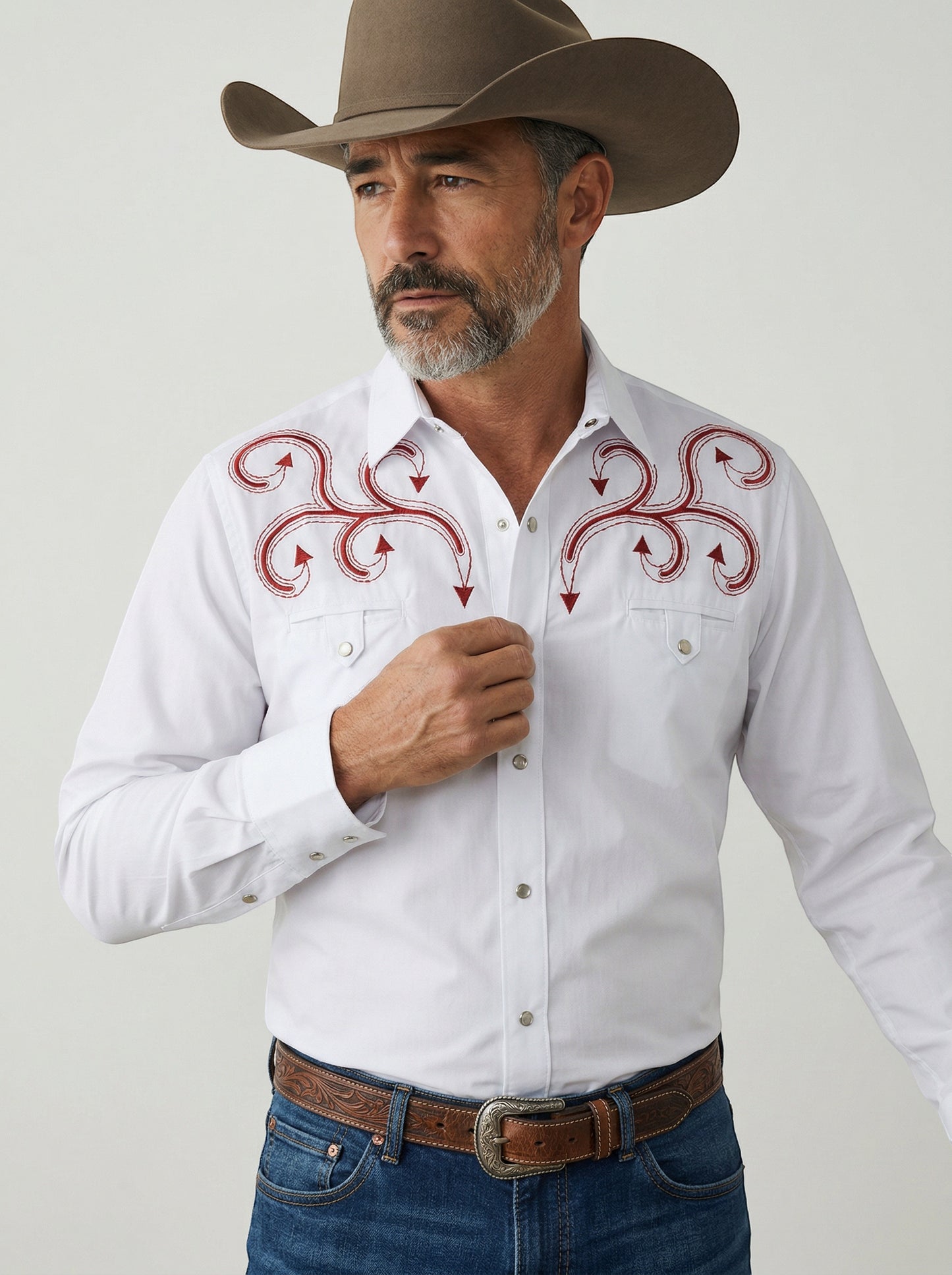 JL FOX WESTERN WEAR white long-sleeve western shirt with red ivy embroidery on chest and pearl snaps.