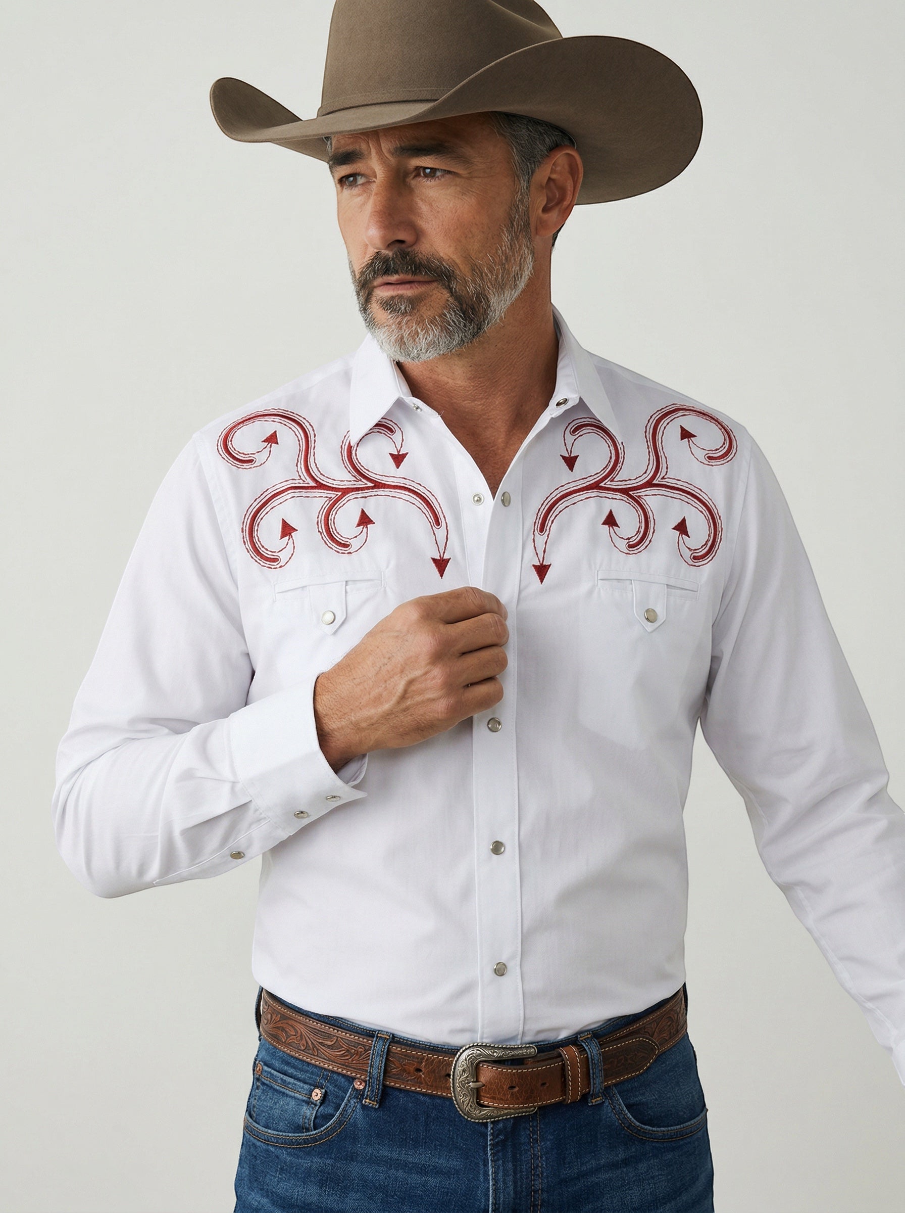 JL FOX WESTERN WEAR white long-sleeve western shirt with red ivy embroidery on chest and pearl snaps.