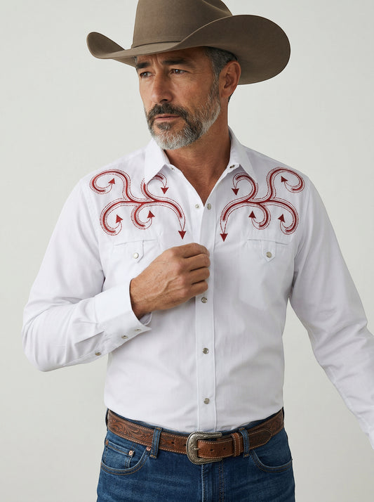 JL FOX WESTERN WEAR white long-sleeve western shirt with red ivy embroidery on chest and pearl snaps.